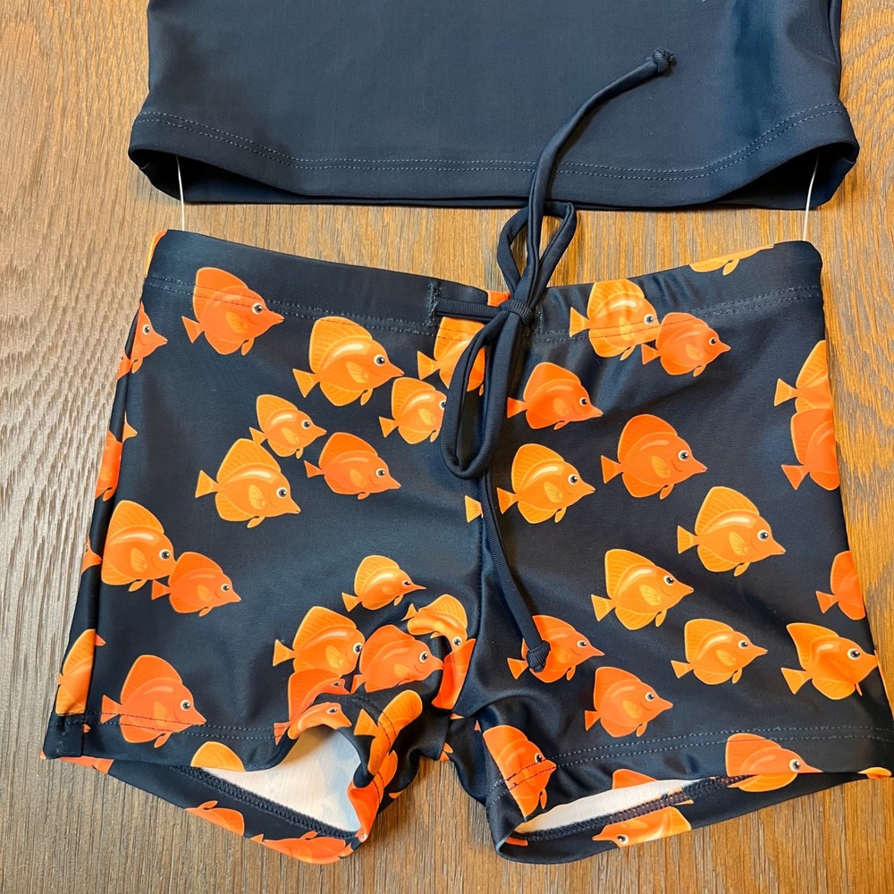 Gottie Kids Swim Set Rash Guard Top Swim Trunks Fish Print Blue Orange Boys - Picture 2 of 3